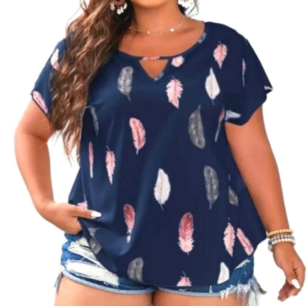 Women's Plus Feather Print Cut Out V Neck Short Sleeve Curved Hem Tee